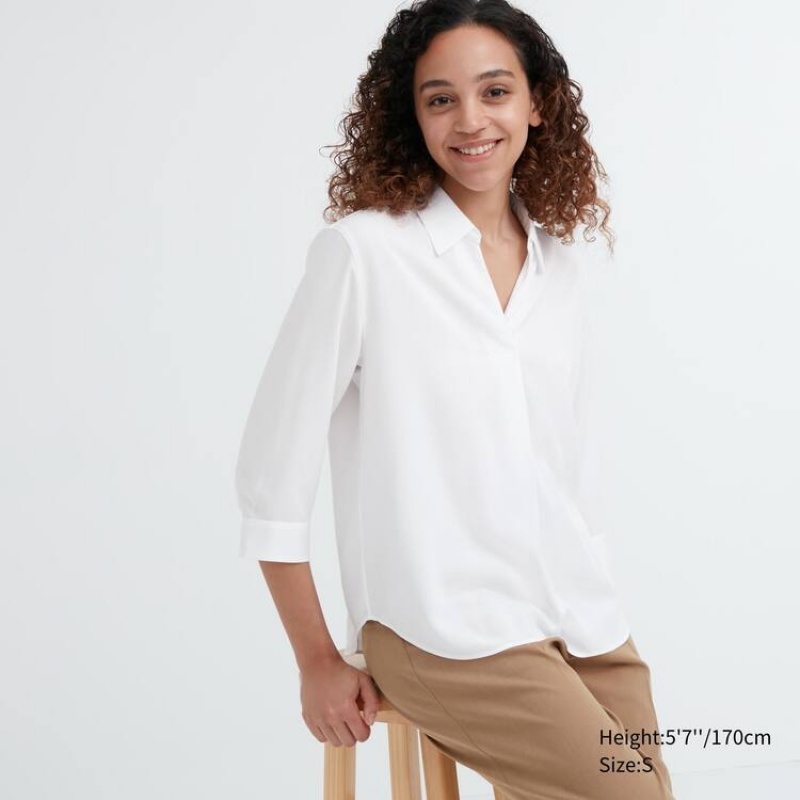 Uniqlo Rayon 3/4 Sleeve Women\'s Blouse White | JTIQMZ587