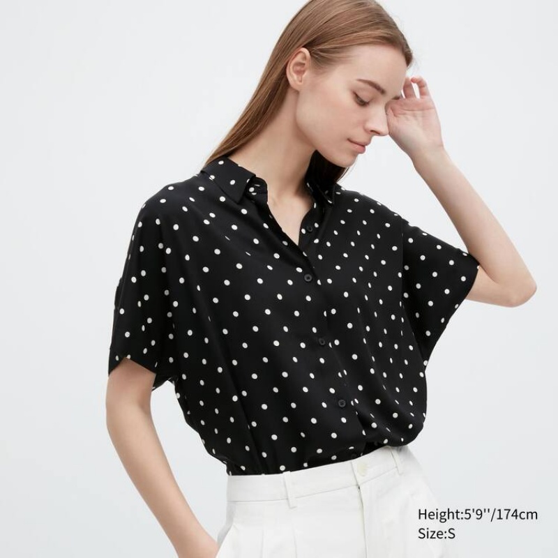 Uniqlo Rayon Short Sleeve Women\'s Blouse Black | VTXQID219