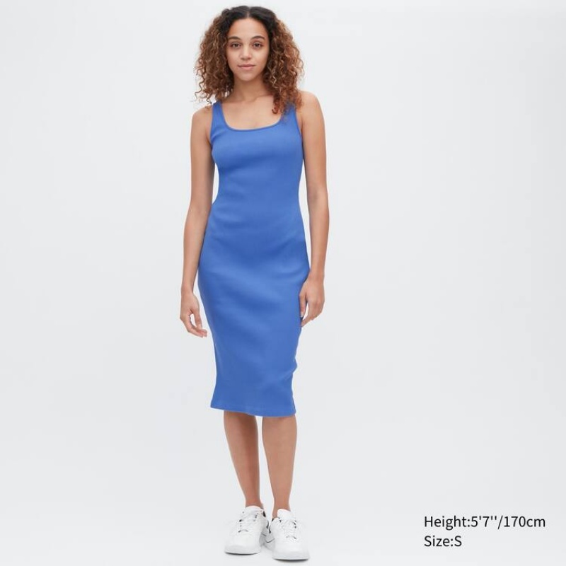 Uniqlo Ribbed Square Neck Sleeveless Women's Dress Blue | RIZWBP760