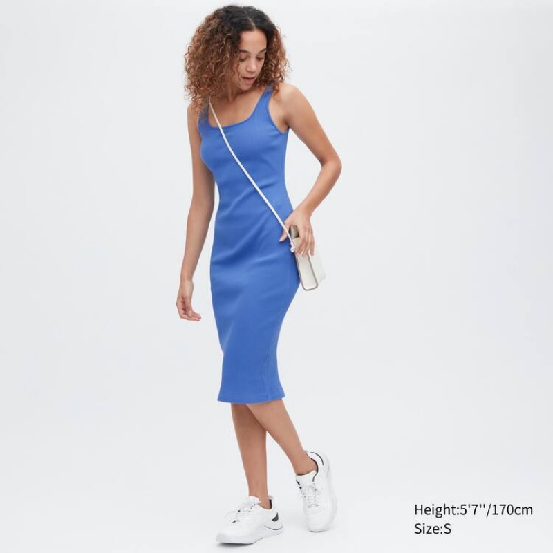 Uniqlo Ribbed Square Neck Sleeveless Women\'s Dress Blue | RIZWBP760