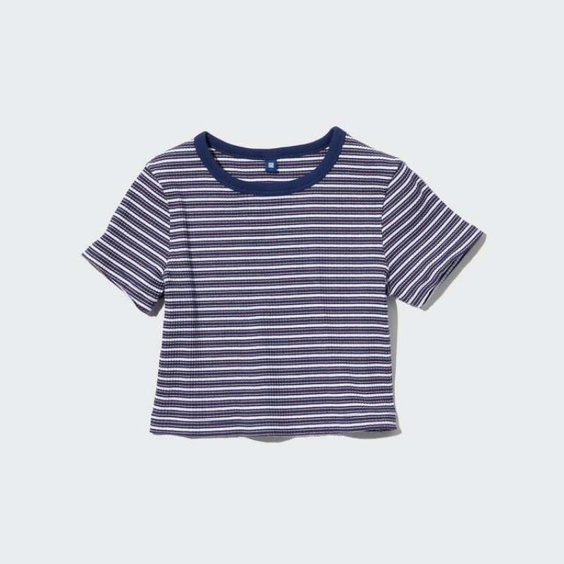 Uniqlo Ribbed Striped Cropped Kids' T Shirts Blue | GPMTKS615