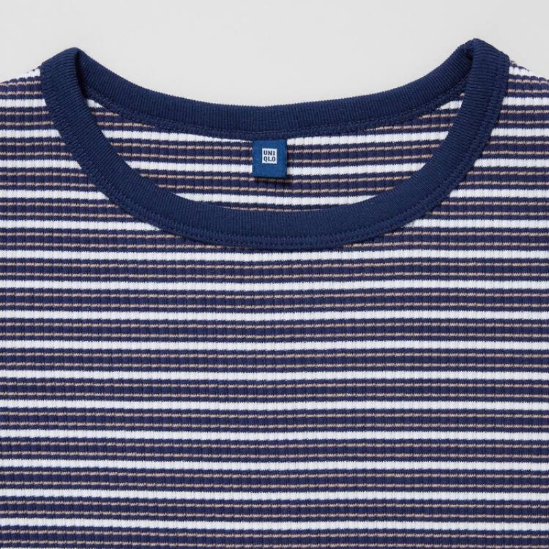 Uniqlo Ribbed Striped Cropped Kids' T Shirts Blue | GPMTKS615