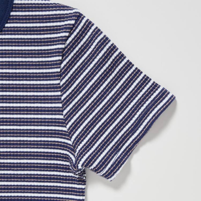 Uniqlo Ribbed Striped Cropped Kids' T Shirts Blue | GPMTKS615