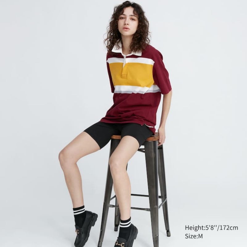 Uniqlo Rugger Striped Short Sleeved Men's Polo Shirts Burgundy | HULJBV038