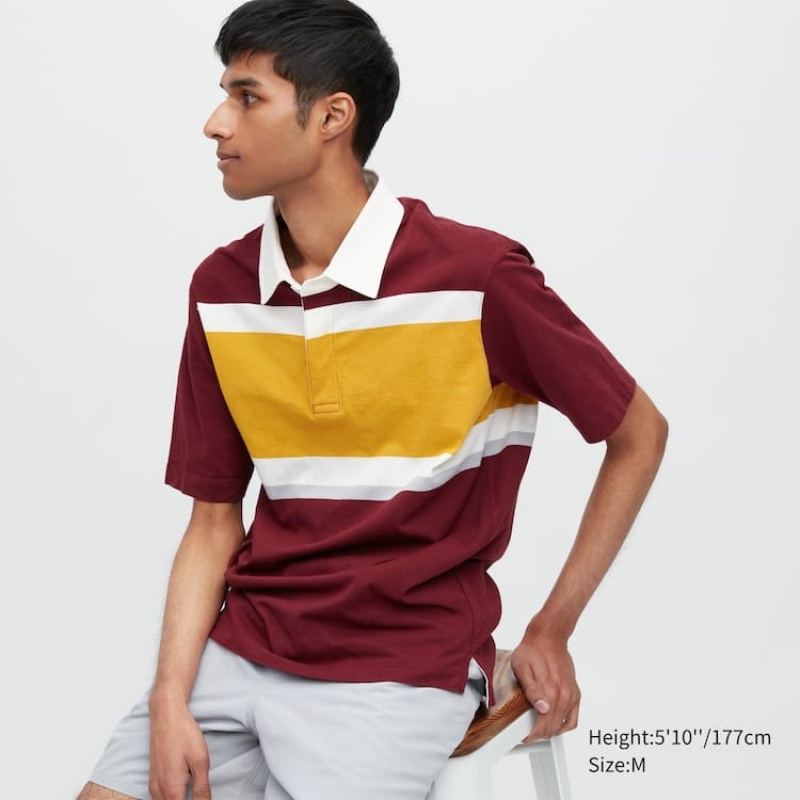 Uniqlo Rugger Striped Short Sleeved Men\'s Polo Shirts Burgundy | HULJBV038