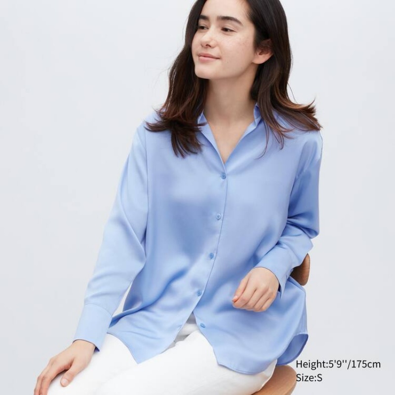 Uniqlo Satin Long Sleeved Women\'s Blouse Blue | LYEUTD864