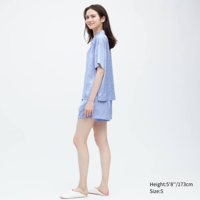 Uniqlo Satin Printed Pajamas (Short Sleeve) Women's Loungewear Blue | VHYFJX234