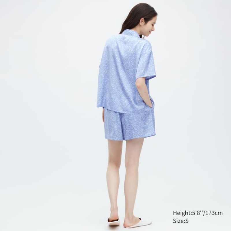 Uniqlo Satin Printed Pajamas (Short Sleeve) Women's Loungewear Blue | VHYFJX234