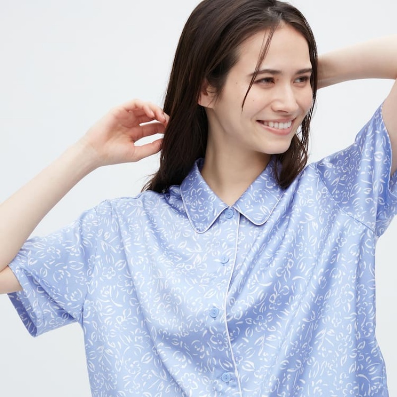 Uniqlo Satin Printed Pajamas (Short Sleeve) Women's Loungewear Blue | VHYFJX234