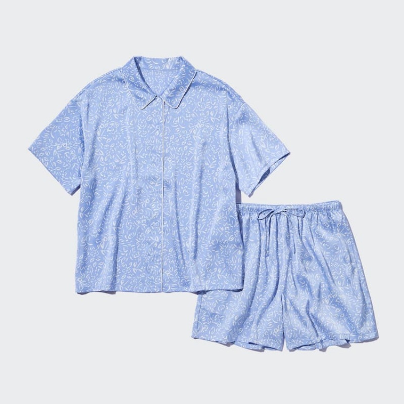 Uniqlo Satin Printed Pajamas (Short Sleeve) Women's Loungewear Blue | VHYFJX234