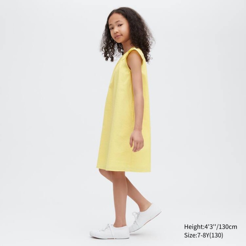 Uniqlo Seersucker Gathered Short Sleeved Kids' Dress Yellow | JWMNFP359