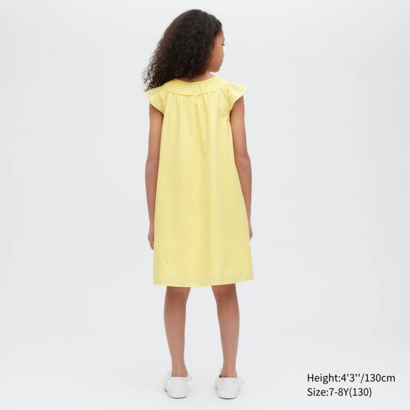 Uniqlo Seersucker Gathered Short Sleeved Kids' Dress Yellow | JWMNFP359