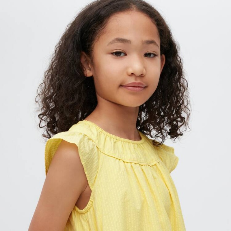 Uniqlo Seersucker Gathered Short Sleeved Kids' Dress Yellow | JWMNFP359