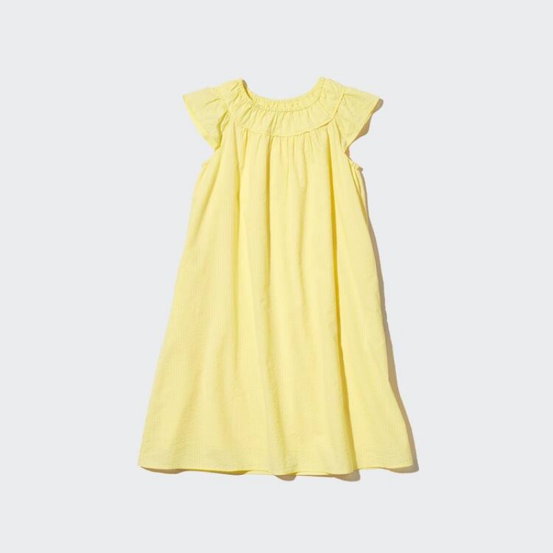 Uniqlo Seersucker Gathered Short Sleeved Kids' Dress Yellow | JWMNFP359