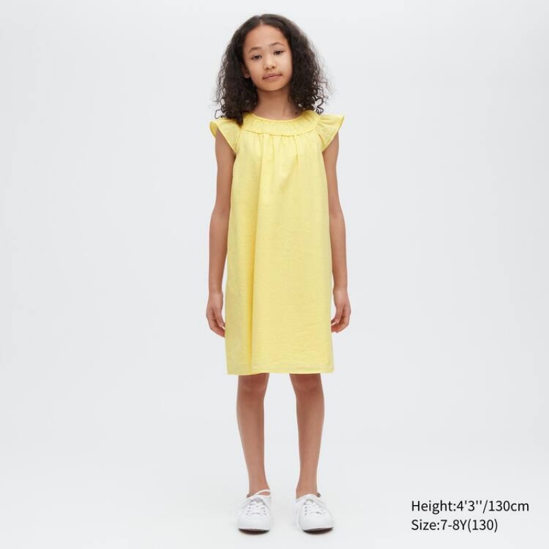 Uniqlo Seersucker Gathered Short Sleeved Kids\' Dress Yellow | JWMNFP359