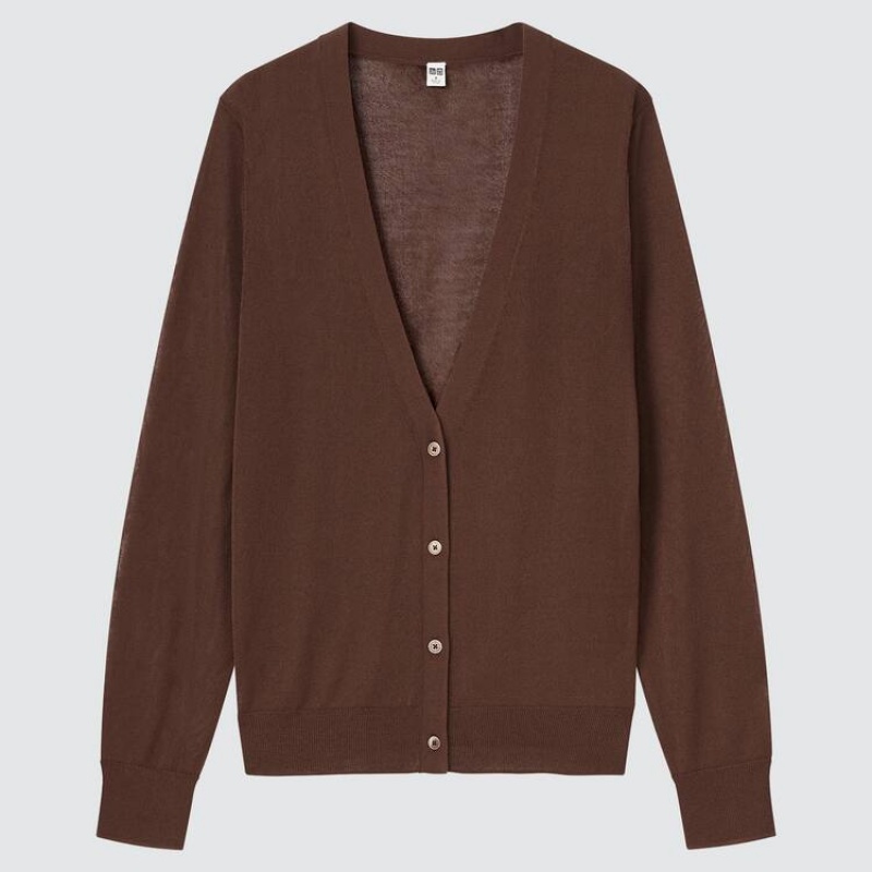 Uniqlo Sheer V Neck Women\'s Cardigan Brown | SPUYJQ725