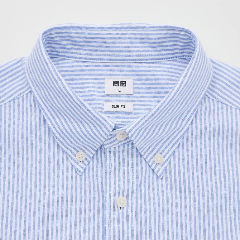 Uniqlo Slim Fit Striped Oxford (Button-down Collar) Men's Shirts Blue | GATLRZ530