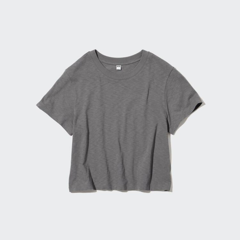 Uniqlo Slub Cotton Cropped Short Sleeved Women's T Shirts Grey | YWPOJK968