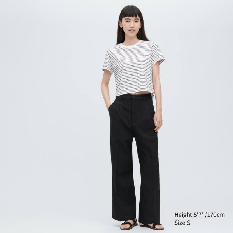 Uniqlo Slub Jersey Cropped Striped Short Sleeved Women's T Shirts White / Black | OWYJUG602