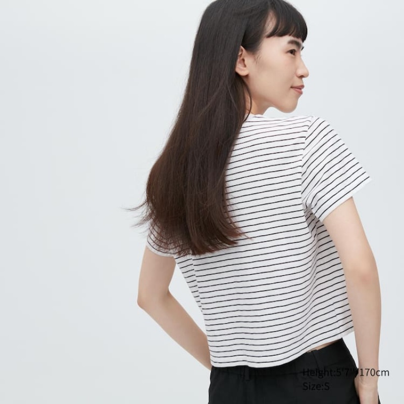 Uniqlo Slub Jersey Cropped Striped Short Sleeved Women's T Shirts White / Black | OWYJUG602