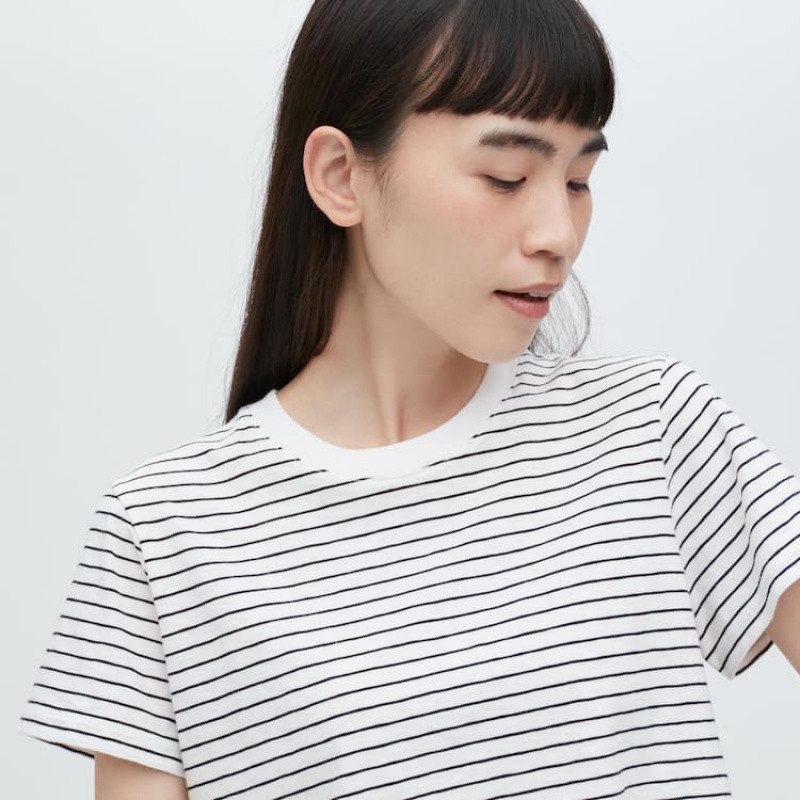 Uniqlo Slub Jersey Cropped Striped Short Sleeved Women's T Shirts White / Black | OWYJUG602