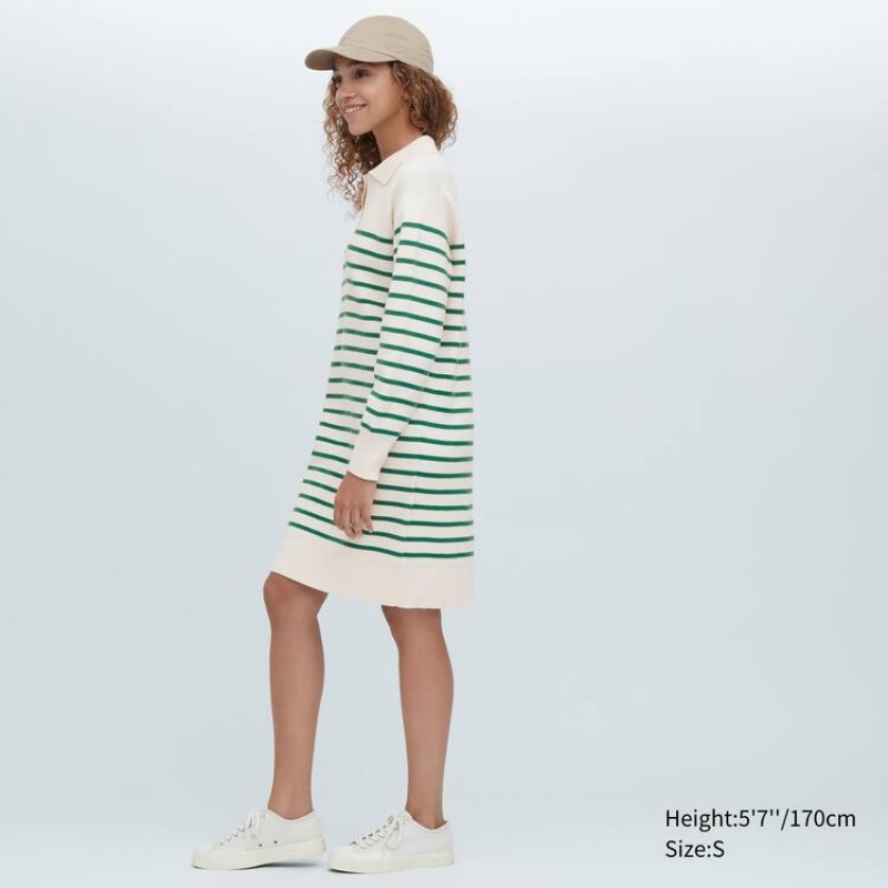 Uniqlo Smooth Cotton Knit Striped Long Sleeved Women's Dress White / Green | CJUZVG683