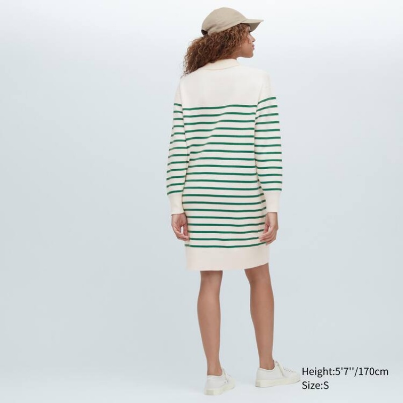 Uniqlo Smooth Cotton Knit Striped Long Sleeved Women's Dress White / Green | CJUZVG683