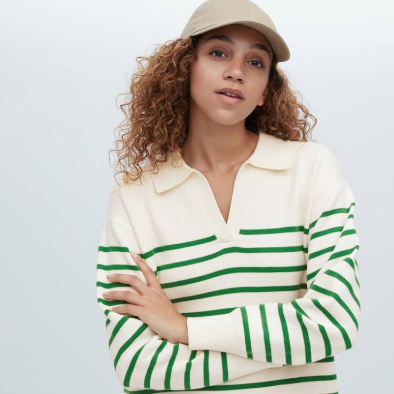 Uniqlo Smooth Cotton Knit Striped Long Sleeved Women's Dress White / Green | CJUZVG683