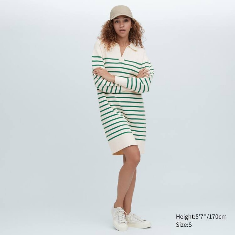 Uniqlo Smooth Cotton Knit Striped Long Sleeved Women\'s Dress White / Green | CJUZVG683