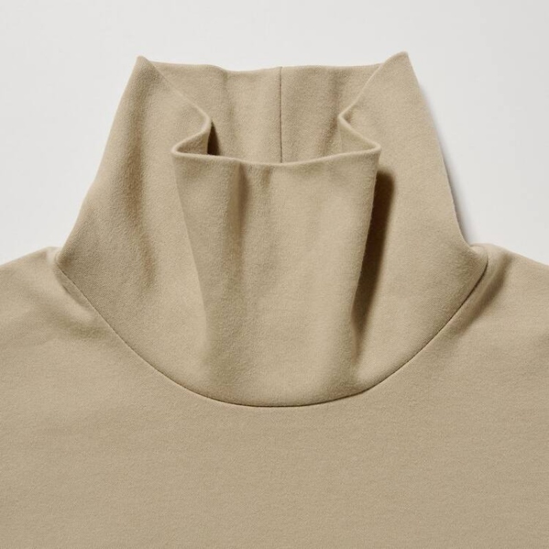 Uniqlo Smooth Stretch Cotton Turtleneck Long Sleeved Women's Tops Beige | YDELMG596