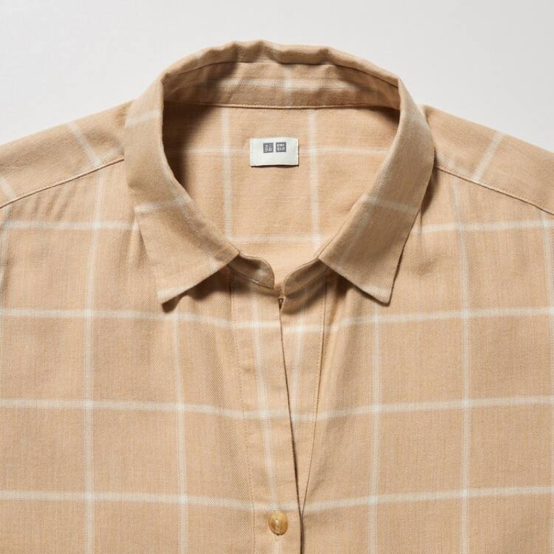 Uniqlo Soft Brushed Checked Long Sleeved Women's Shirts Beige | JPBWXI183