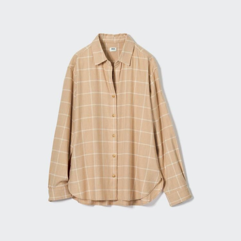 Uniqlo Soft Brushed Checked Long Sleeved Women\'s Shirts Beige | JPBWXI183