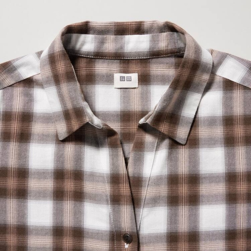 Uniqlo Soft Brushed Checked Long Sleeved Women's Shirts Brown | ACRGFK387