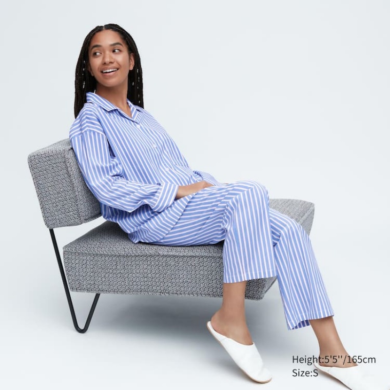 Uniqlo Soft Stretch Striped Long Sleeved Women\'s Loungewear Blue | INTGWX147