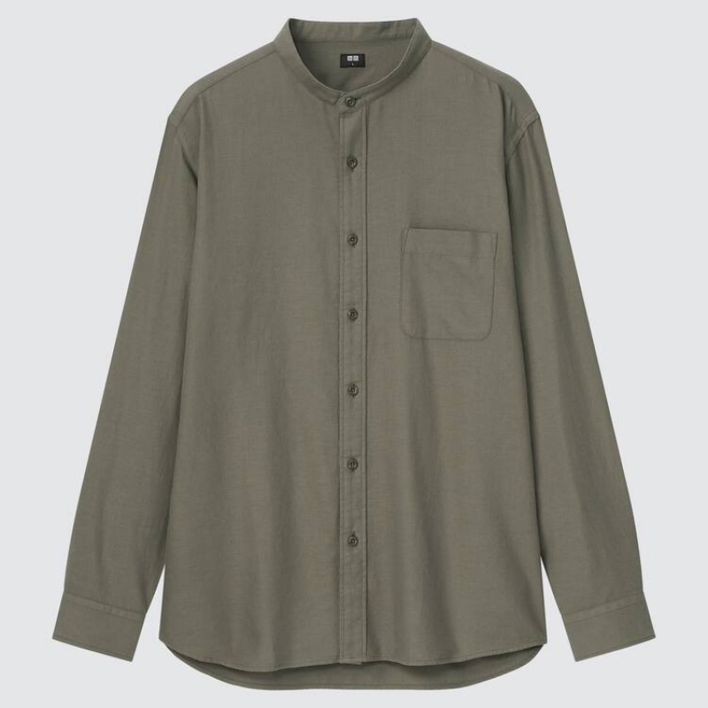 Uniqlo Soft Twill Regular Fit (Grandad Collar) Men\'s Shirts Olive | AOPYSJ579