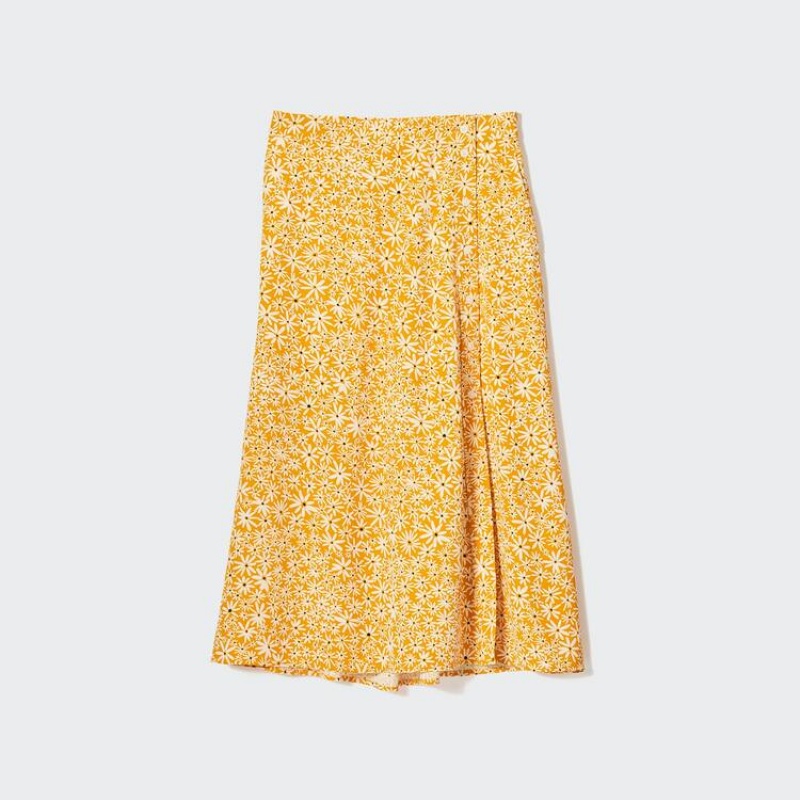 Uniqlo Split Hem Flower Print Midi Women\'s Skirts Yellow | OQVBIY905