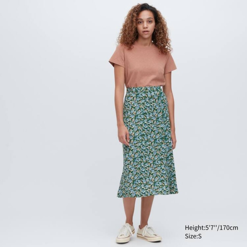 Uniqlo Split Hem Printed Midi Women's Skirts Green | WGUVOE186