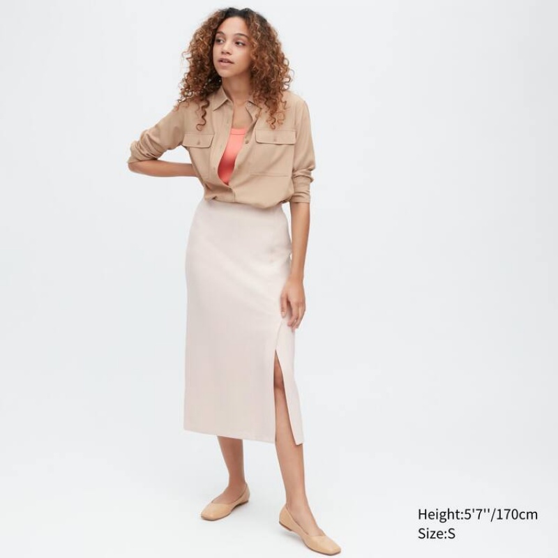 Uniqlo Stretch Double Faced Split Hem Women\'s Skirts Beige | NIHXWO239