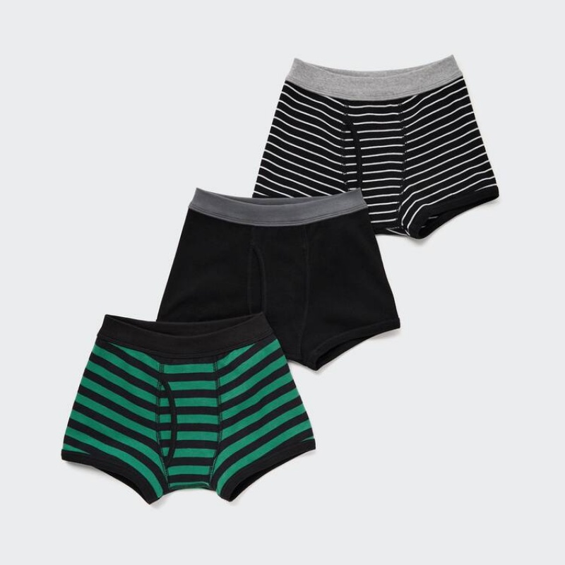 Uniqlo Striped Boxer (Three Pairs) Kids\' Underwear Black / Green / Grey | QHFLOX072