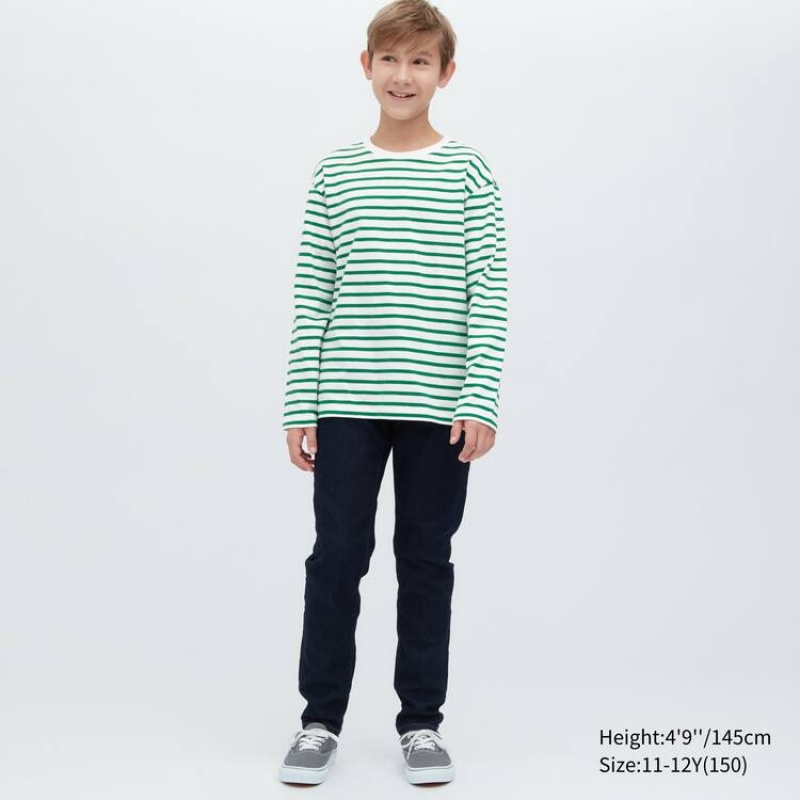 Uniqlo Striped Crew Neck Long Sleeved Kids' T Shirts Green | RENQUS015