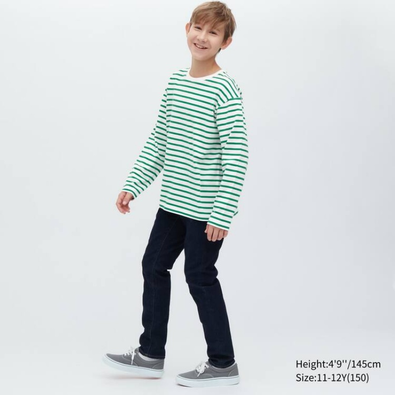 Uniqlo Striped Crew Neck Long Sleeved Kids' T Shirts Green | RENQUS015