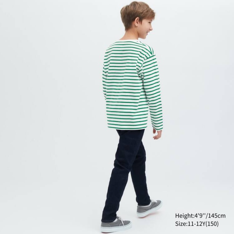 Uniqlo Striped Crew Neck Long Sleeved Kids' T Shirts Green | RENQUS015