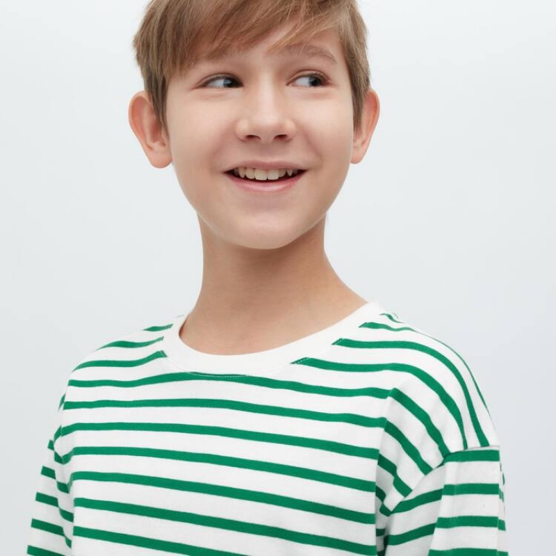 Uniqlo Striped Crew Neck Long Sleeved Kids' T Shirts Green | RENQUS015