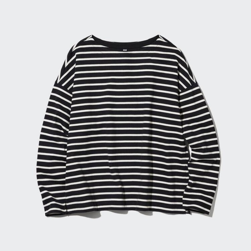 Uniqlo Striped Long Sleeved Women\'s T Shirts Black | ZQOVTX941