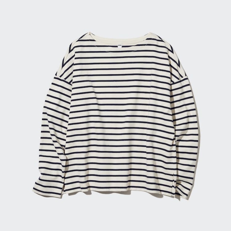 Uniqlo Striped Long Sleeved Women\'s T Shirts White | ZAKDRQ452