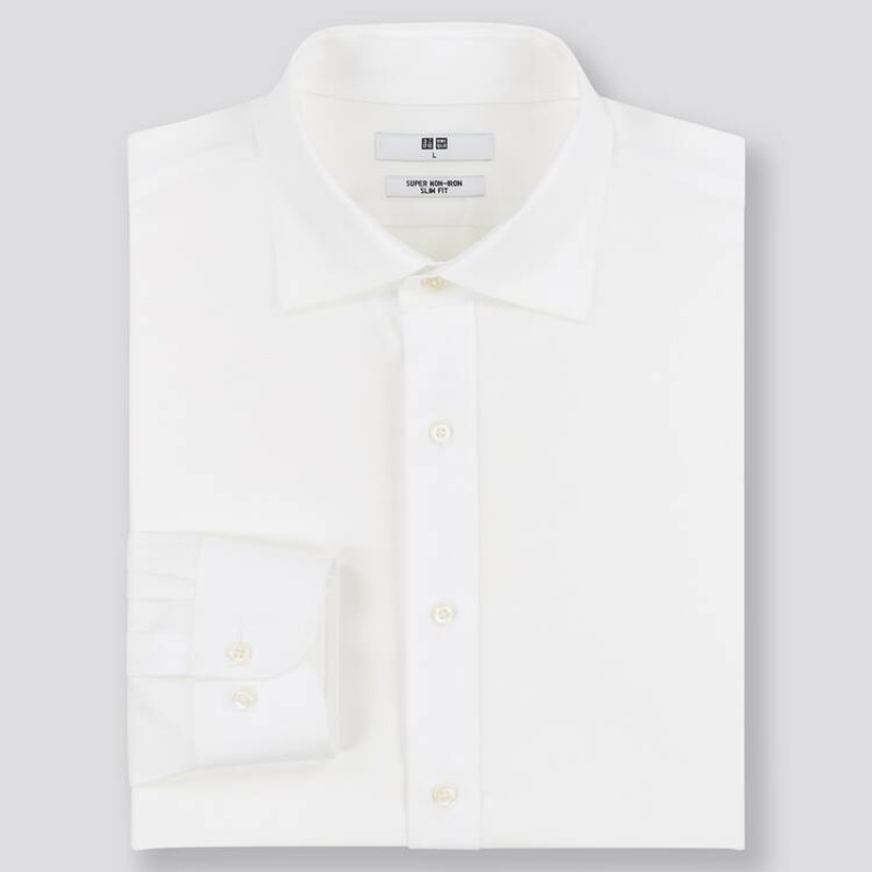 Uniqlo Super Non-iron Slim Fit (Semi-cutaway Collar) (2021 Season) Men\'s Shirts White | QMORJU852