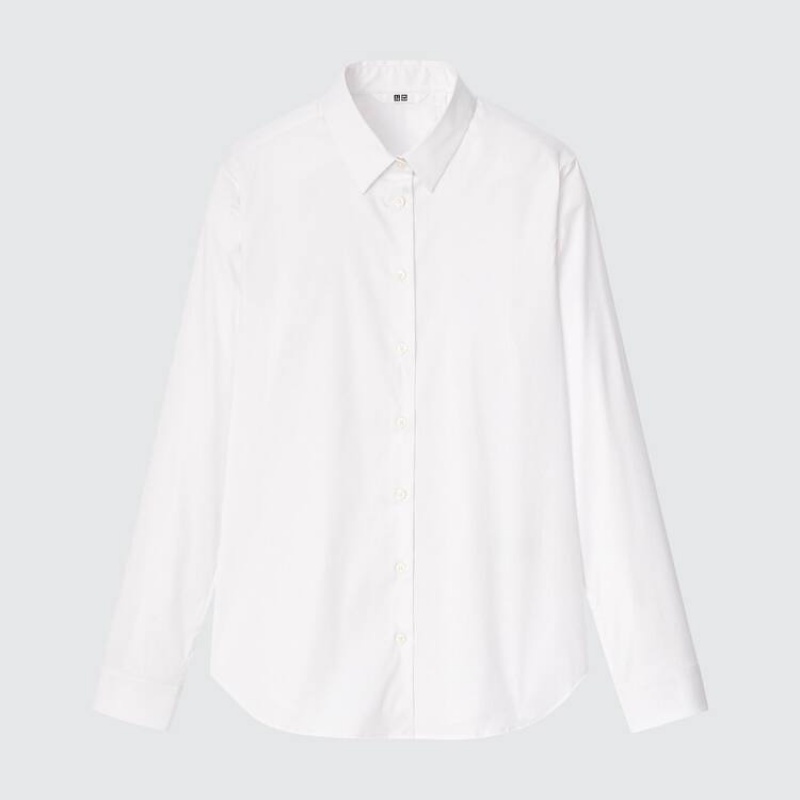 Uniqlo Supima Cotton Stretch Broadcloth Long Sleeved Women\'s Shirts White | VWJHAK375