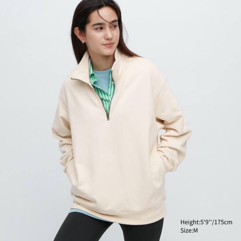 Uniqlo Sweat Half-zipped Pullover Men's Sweatshirts Beige | QJIYEO601