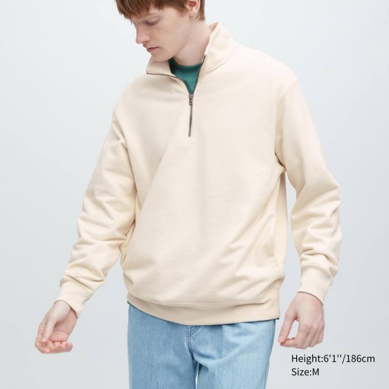 Uniqlo Sweat Half-zipped Pullover Men\'s Sweatshirts Beige | QJIYEO601