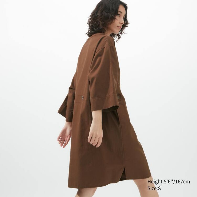 Uniqlo U 3/4 Sleeved Women's Dress Brown | WVPDIL396